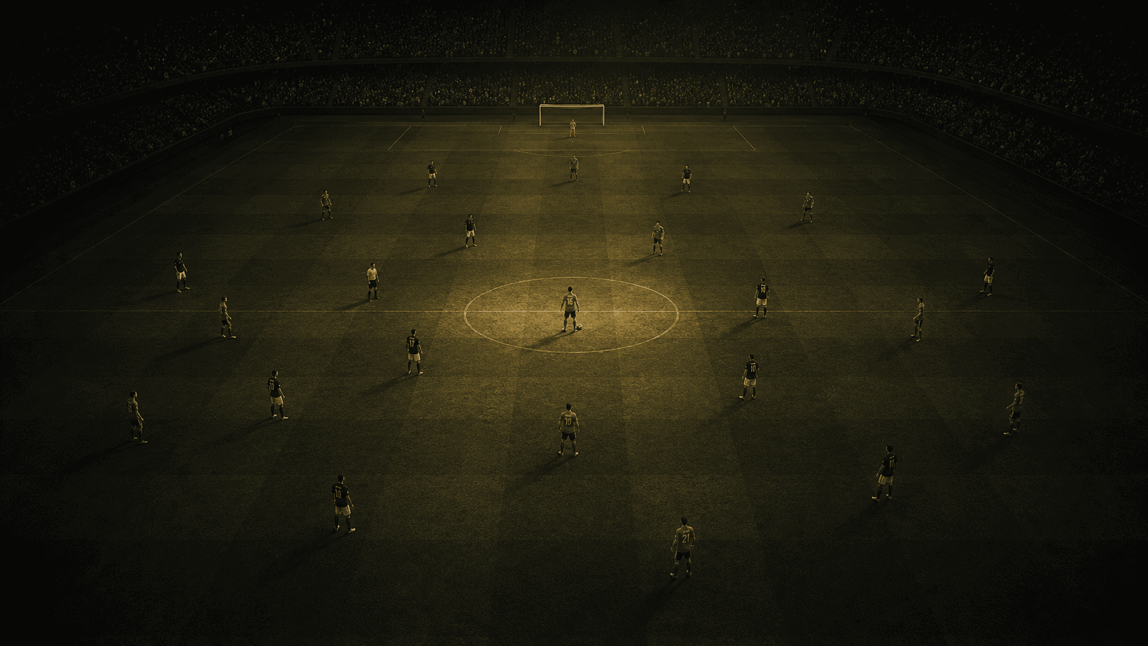 The view from above — Rodri illuminated at the center circle, the whole pitch arranged around him