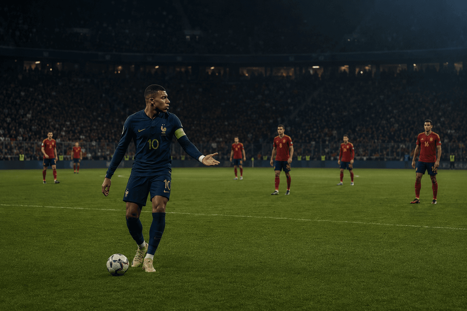 Mbappé gestures in frustration, Spain's red shirts surrounding him — the most devastating transition player alive, walking backward into his own midfield
