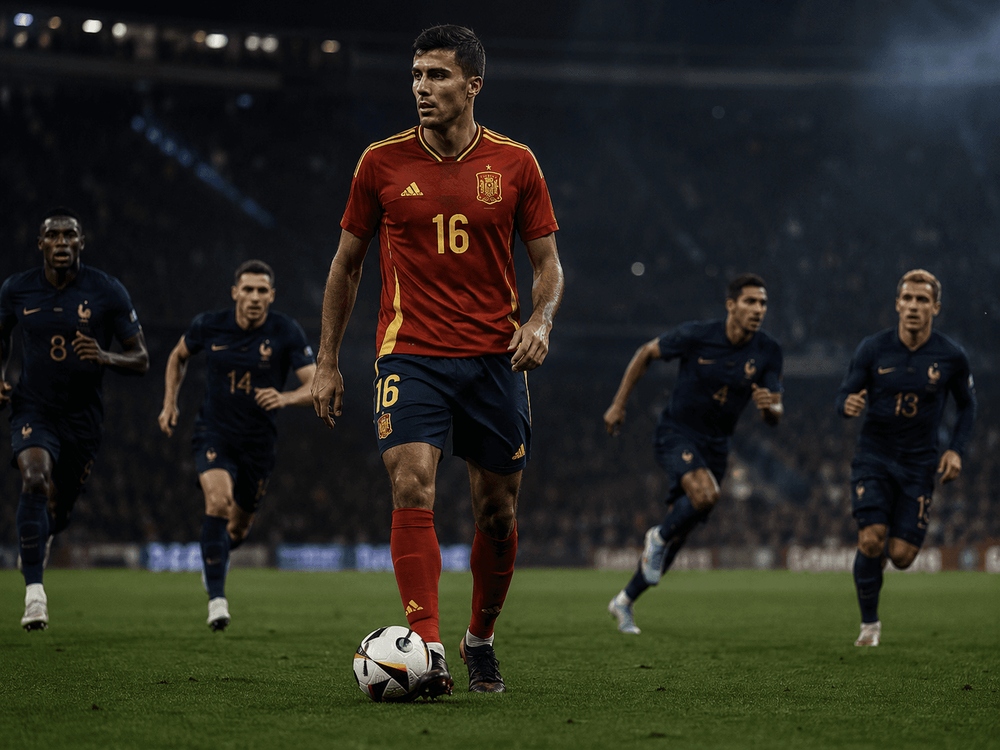 Rodri carries the ball forward, France players chasing — control personified