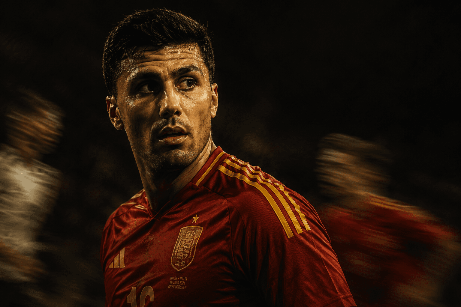 Rodri in close-up — the gaze of a man who sees the game before it arrives