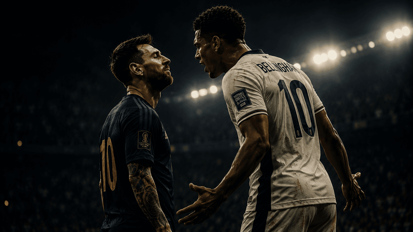 Two number tens, face to face — Messi and Bellingham exchange words under the floodlights, and the look on Messi's face is not anger