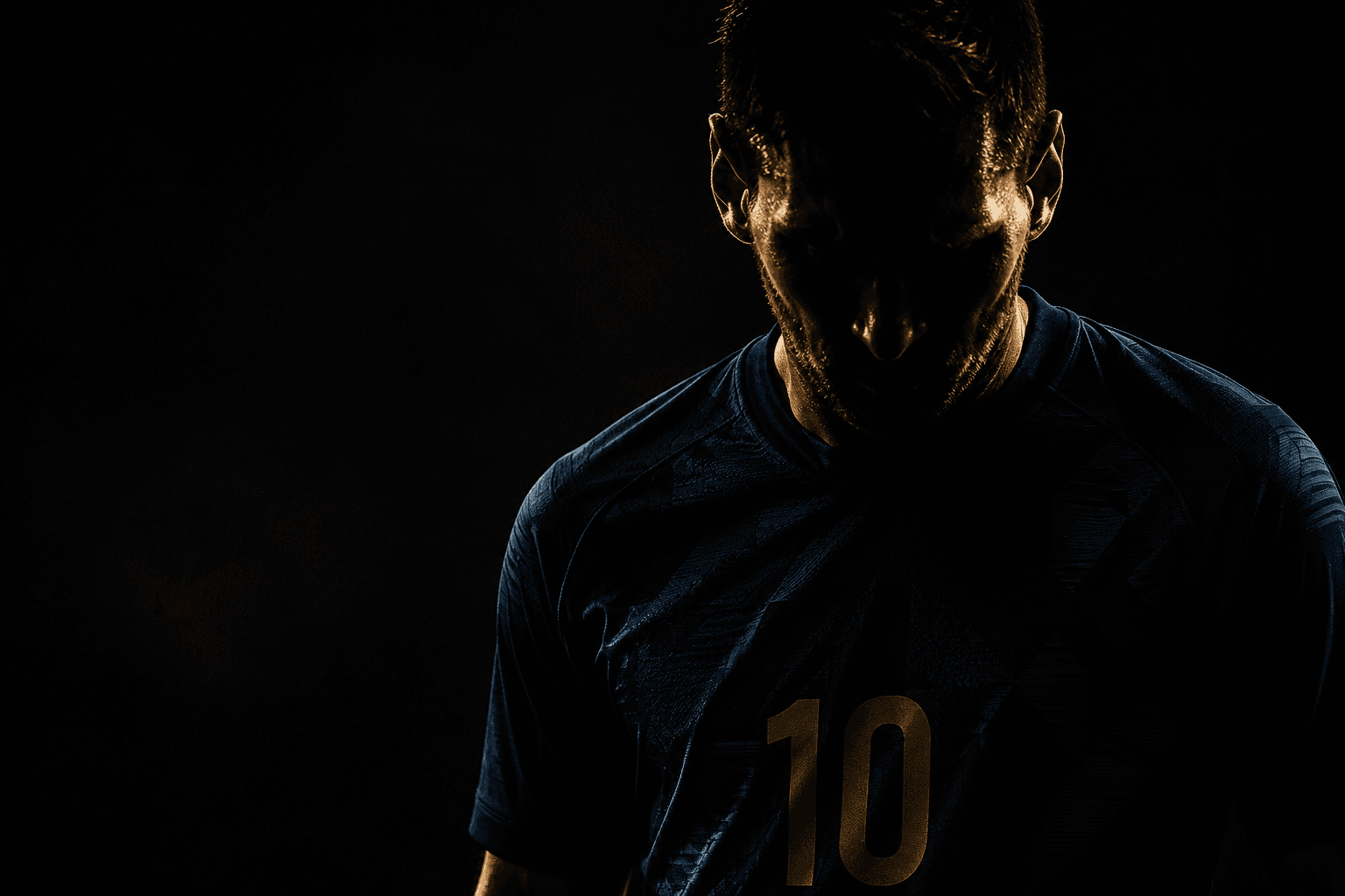 The beast awake — Messi in shadow, head bowed, number 10 visible, the calm before whatever comes next