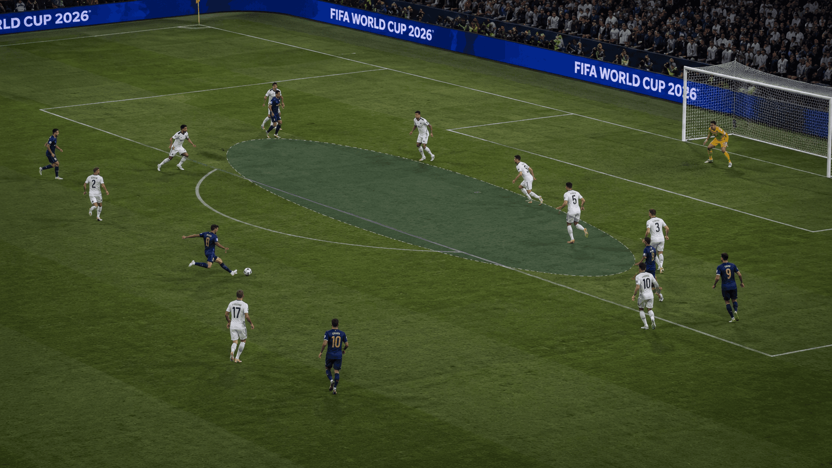 The equalizer — Fernández strikes from outside the box, through the space where Rice had been standing, the tactical overlay showing England's exposed zone