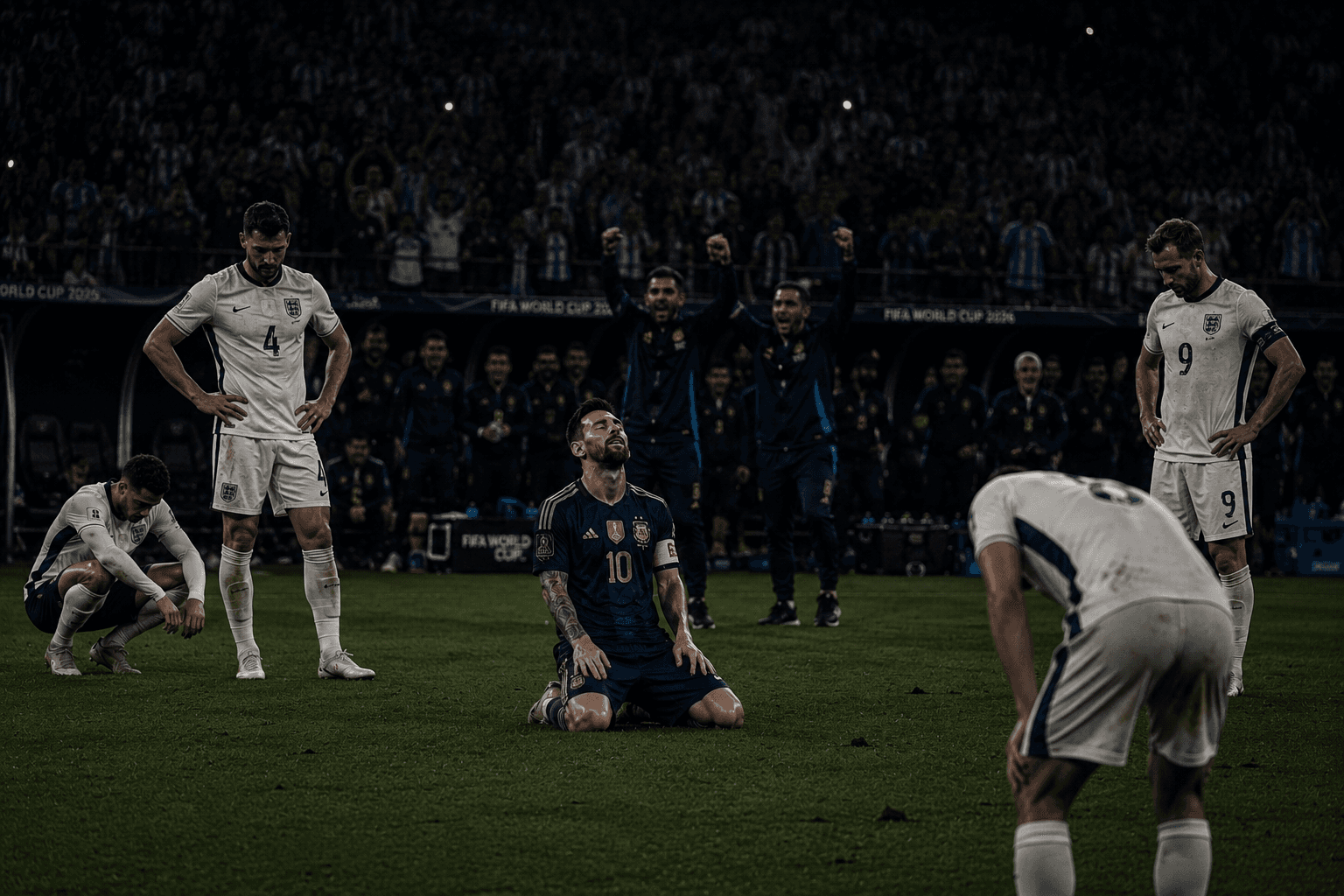 The final whistle — Messi on his knees between dejected England players, Argentina's bench erupting behind him
