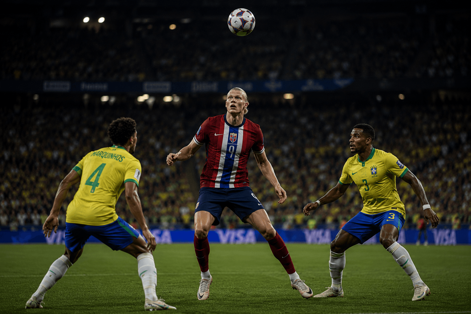 Haaland between two Brazil defenders — the physical presence that unsettled the five-time champions all night