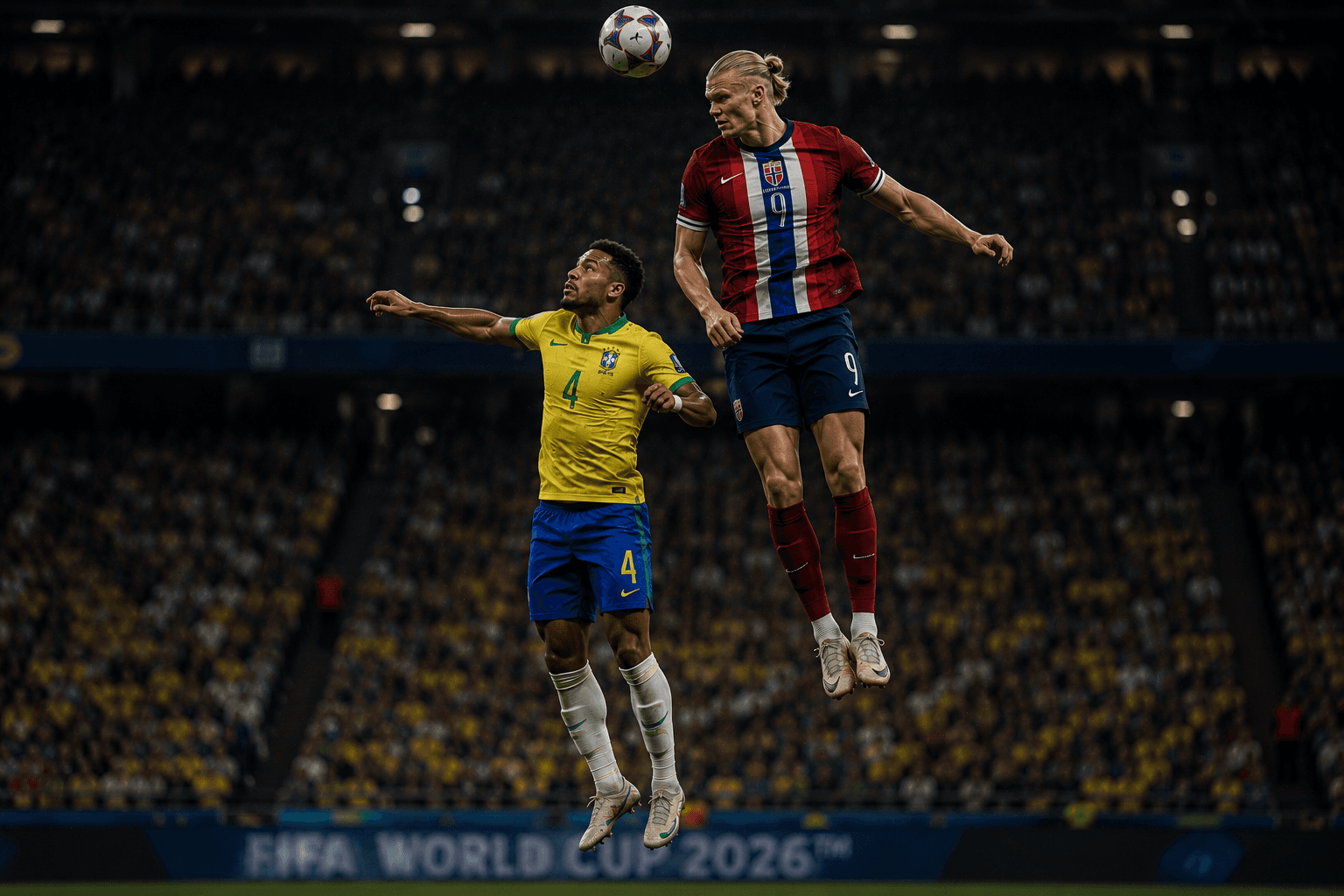 Haaland rises above a Brazilian defender — six-foot-five, airborne, and unchallenged
