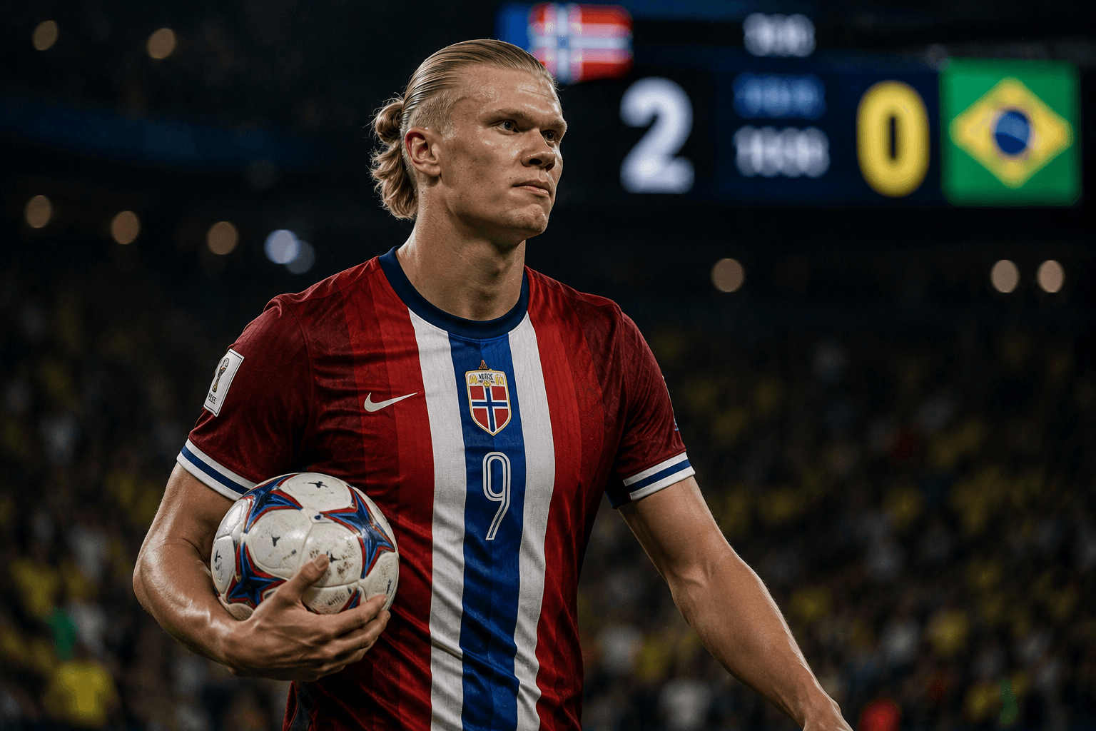 Haaland holds the match ball — Norway 2, Brazil 0 on the scoreboard behind him