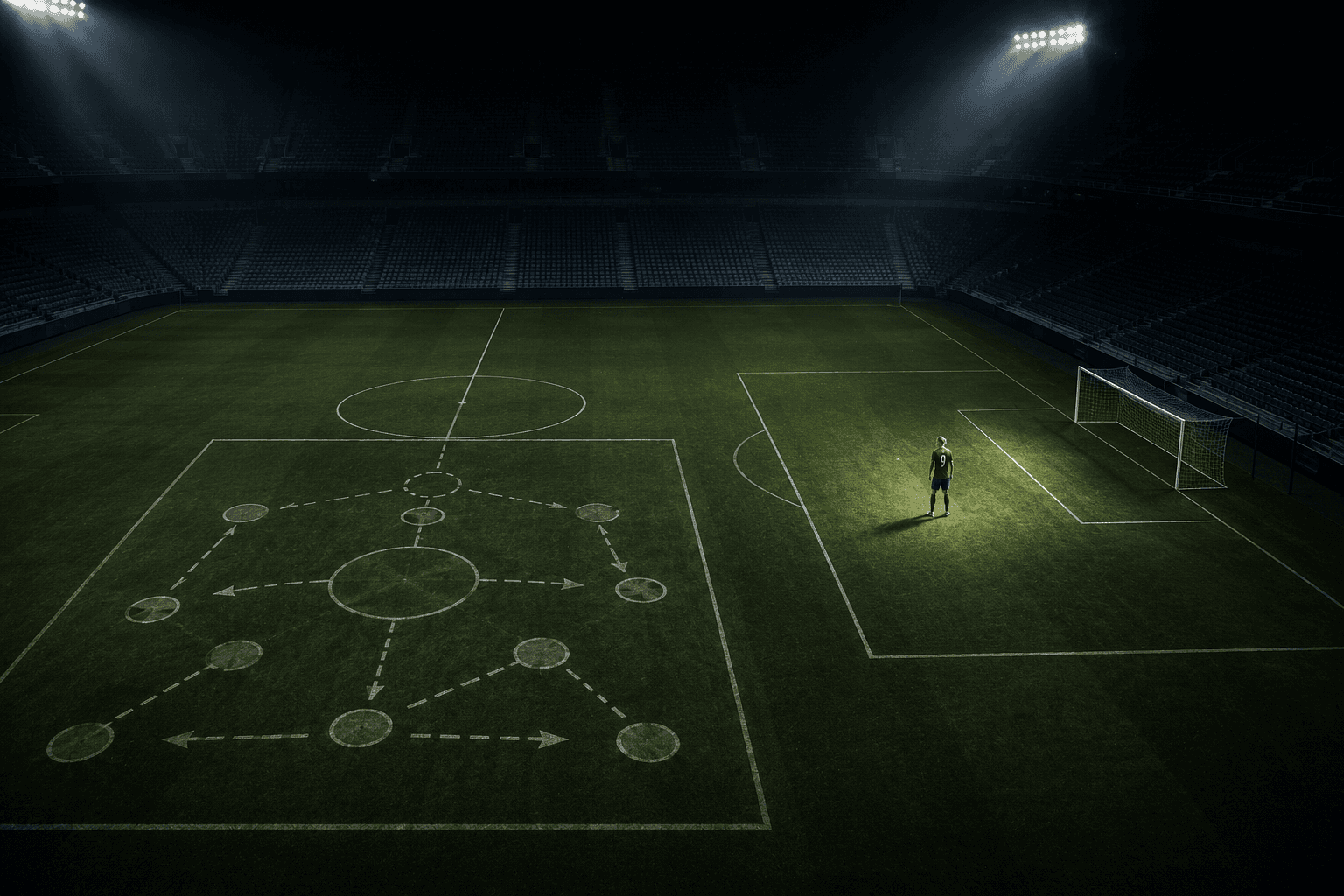The system and the striker — Haaland alone in the box while tactical diagrams fill the space around him