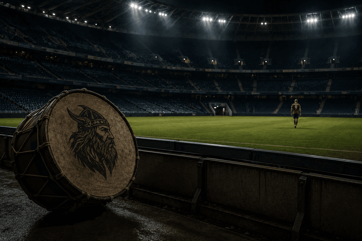 The drum has gone quiet — a Viking drum rests pitchside as Haaland walks alone across an empty stadium