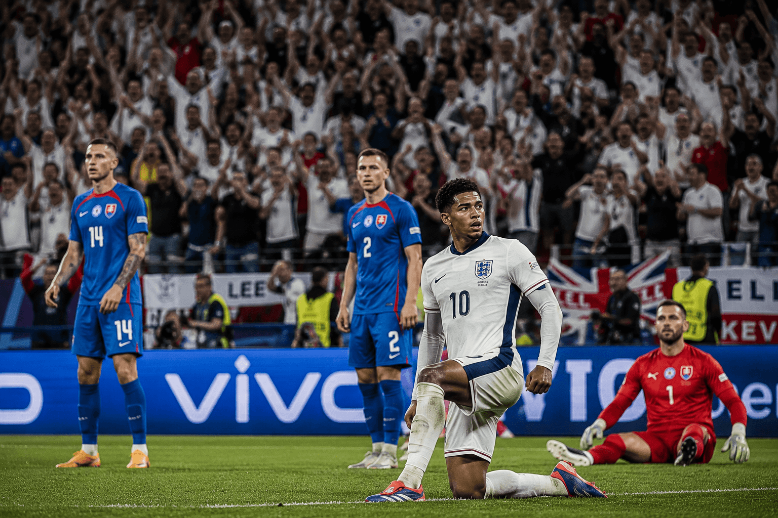 The pattern β Bellingham kneels after the overhead kick against Slovakia at Euro 2024, the moment that saved England's tournament