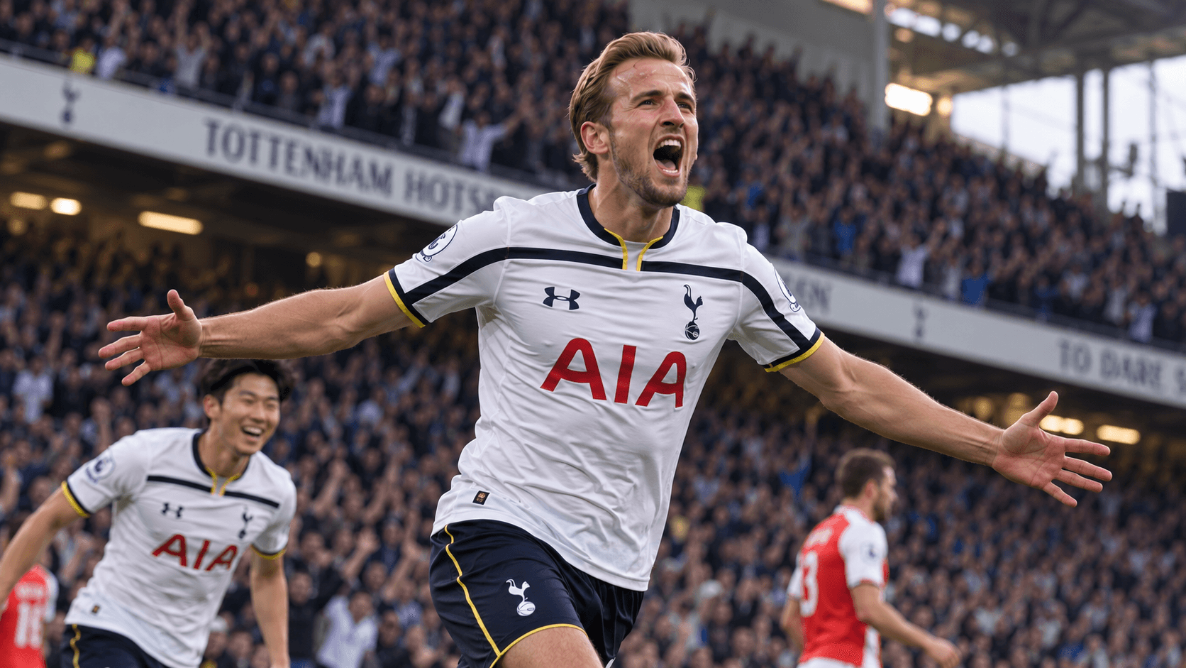 Illustration: Harry Kane celebrating a goal for Tottenham, arms spread, in front of a home crowd