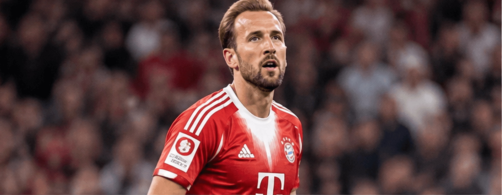 Harry Kane in Bayern Munich's red shirt, looking up during a match