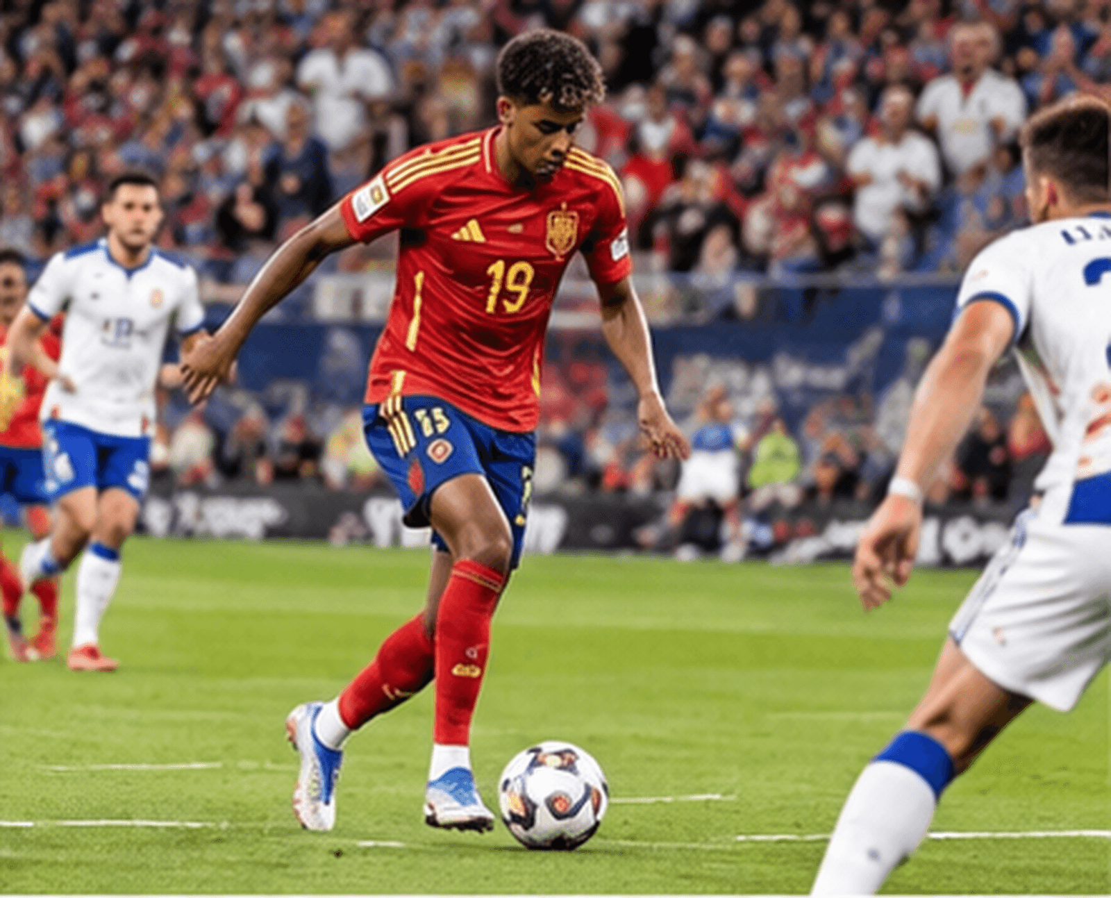 Lamine Yamal in Spain's red, number 19, carrying the ball at a defender