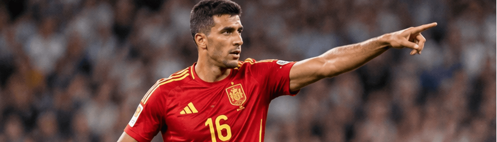 Rodri in Spain's red, number 16, pointing as he directs play