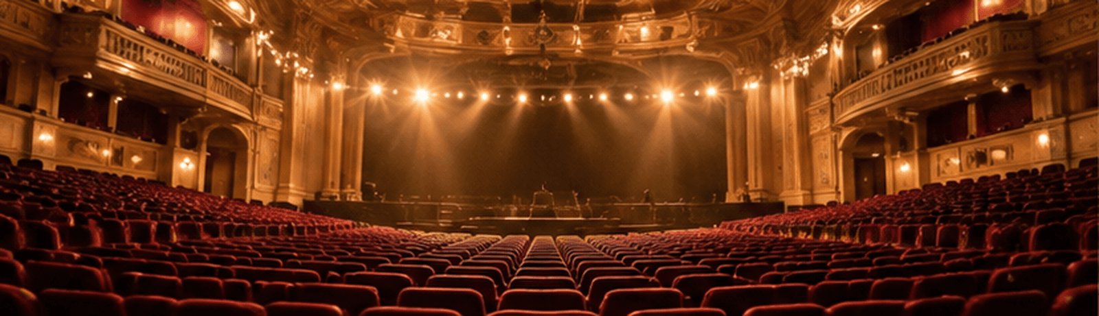 An empty theater, rows of red seats facing a lit stage