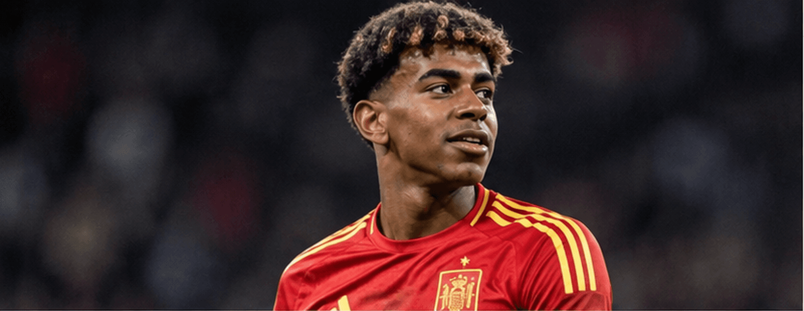 Lamine Yamal in Spain's red shirt, looking up toward the stands