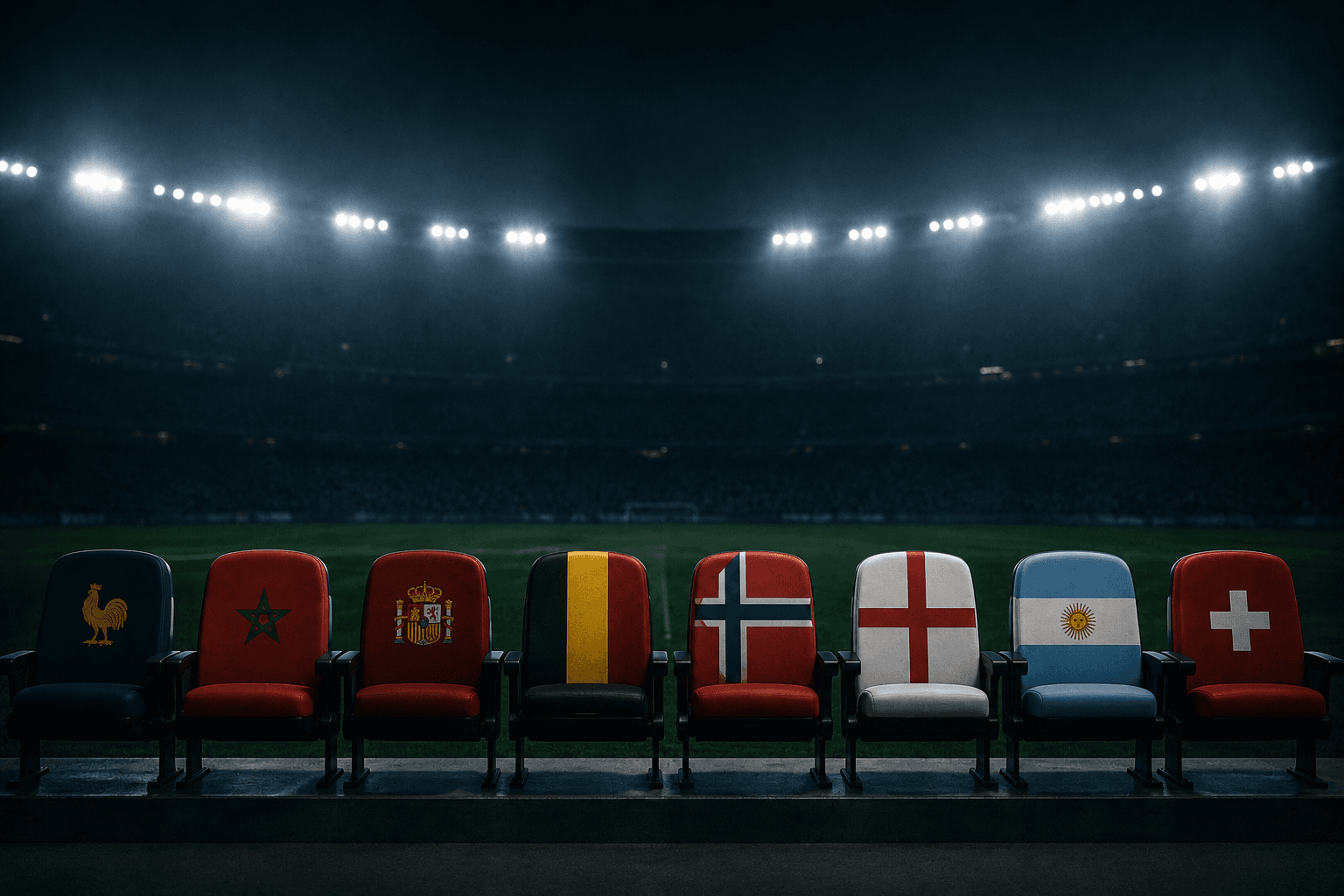 Eight empty stadium seats, each carrying one nation's colors