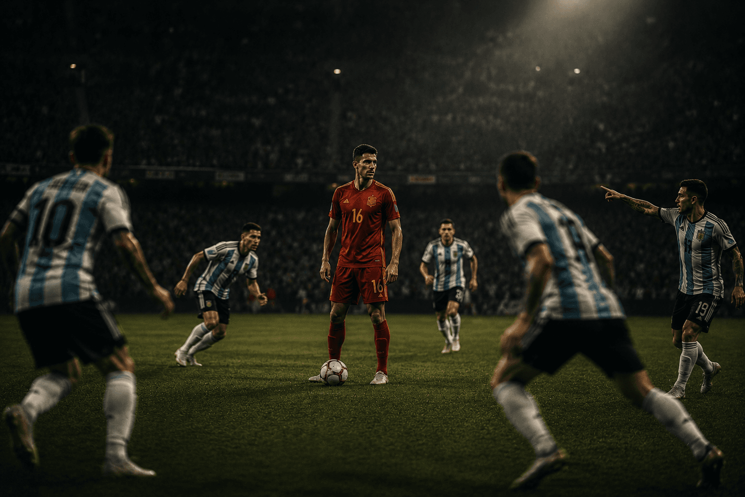 Rodri on the ball, surrounded by Argentina shirts — the lone red figure controlling the space that decides the match