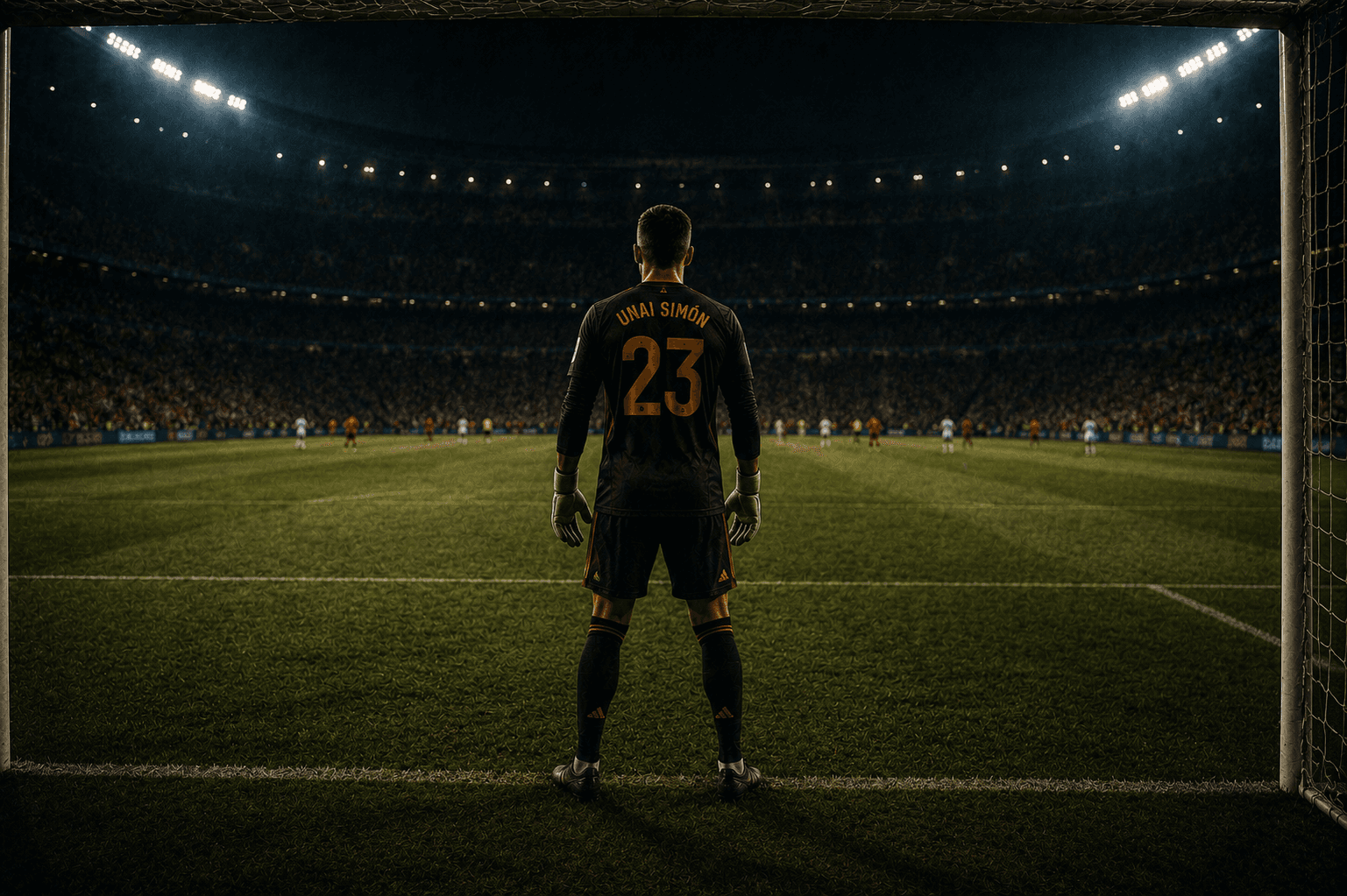 Unai Simón from behind, framed by the goalposts — number 23, the Golden Glove, surveying a pitch he barely had to defend