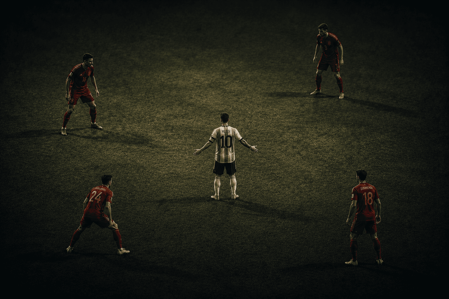 Messi from above — arms outstretched, surrounded by four red shirts, the greatest player of all time asking for a ball that will not come