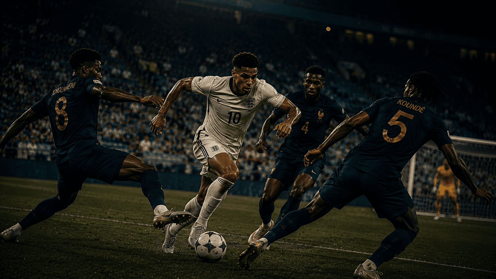 Bellingham dribbles through three France defenders — the ninety-eighth minute goal nobody needed and he wanted anyway