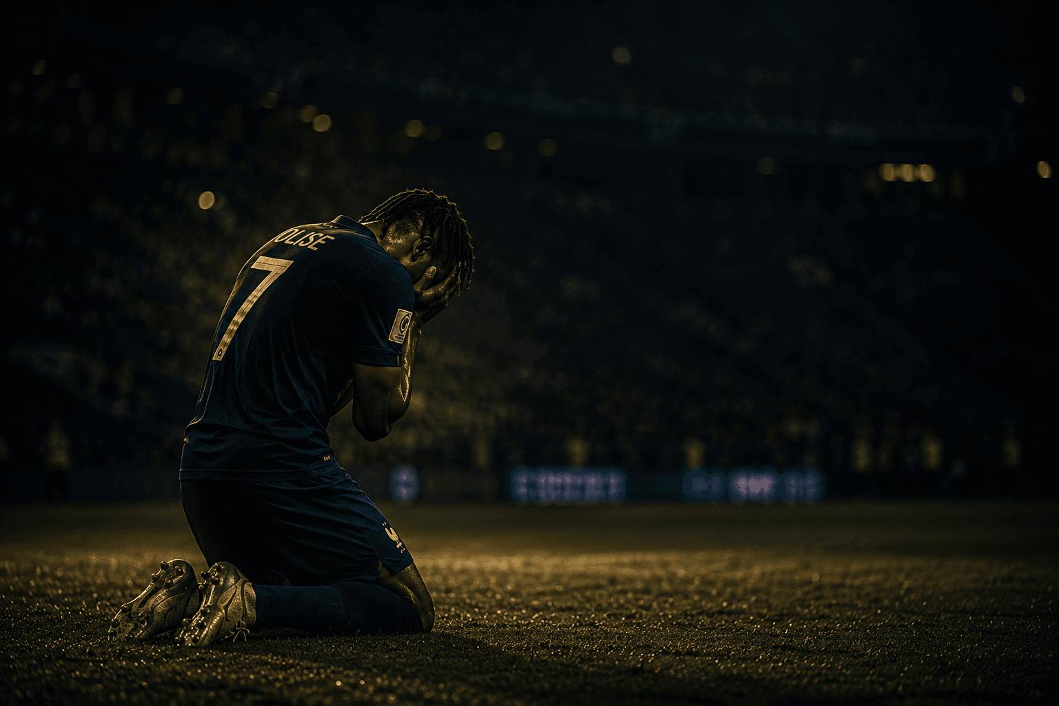 Olise on his knees, face buried in his hands — the game that did not matter, and the man it broke