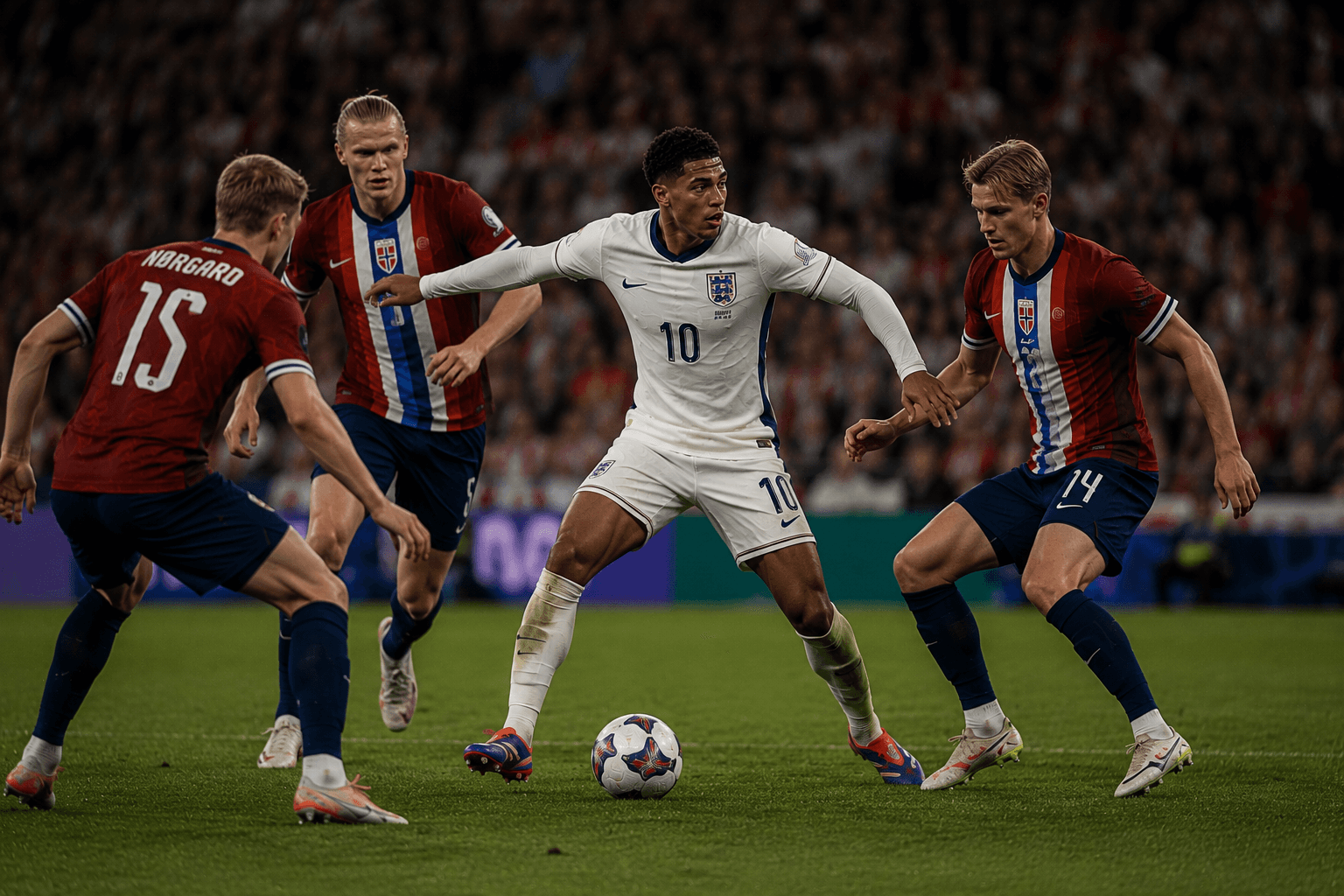 Leadership without the ball β Bellingham drives through three Norway defenders, choosing to carry the danger upfield rather than clear it
