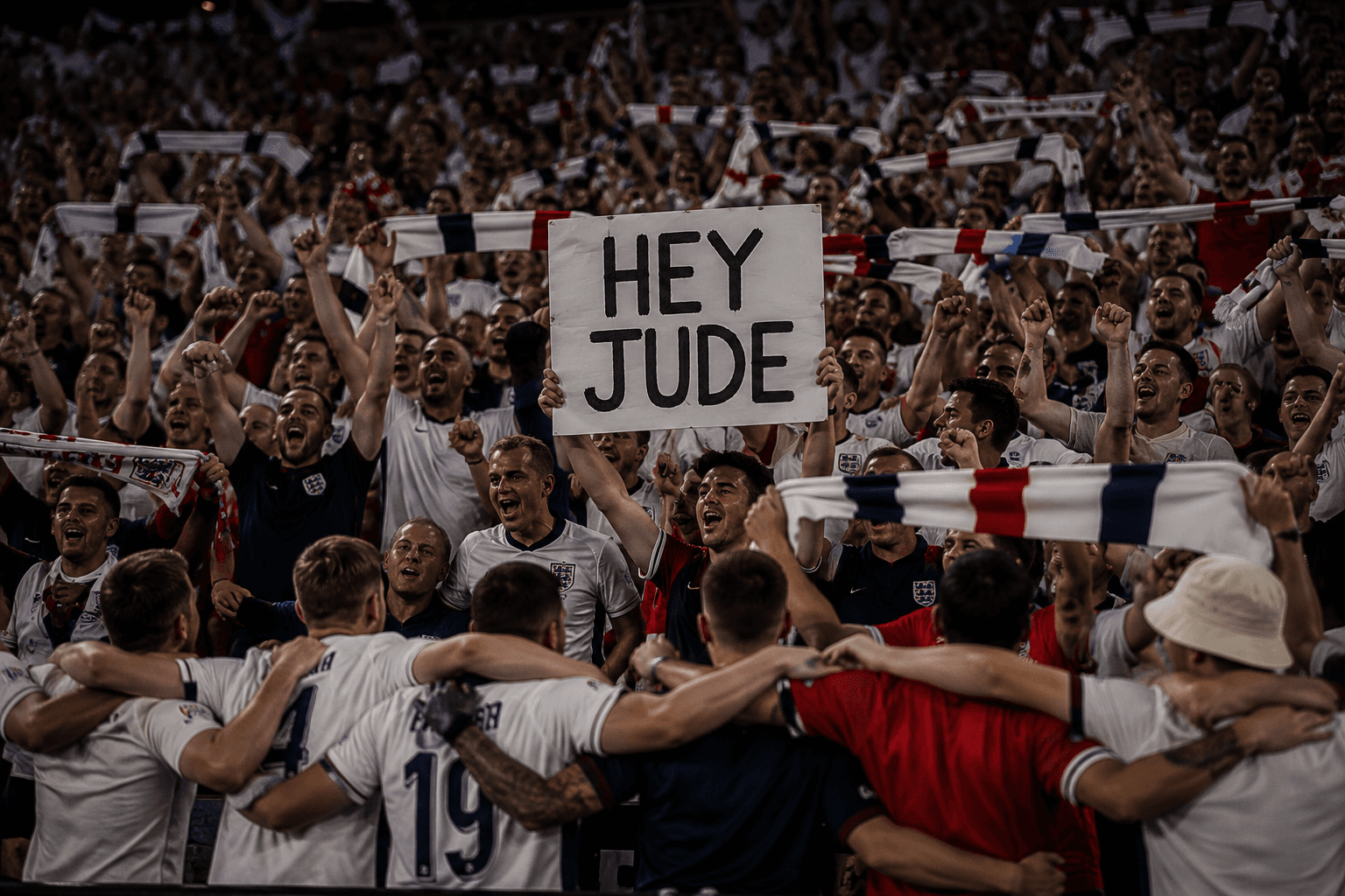 The supporters' song β England fans hold a 'HEY JUDE' banner aloft as the team celebrates in front of them