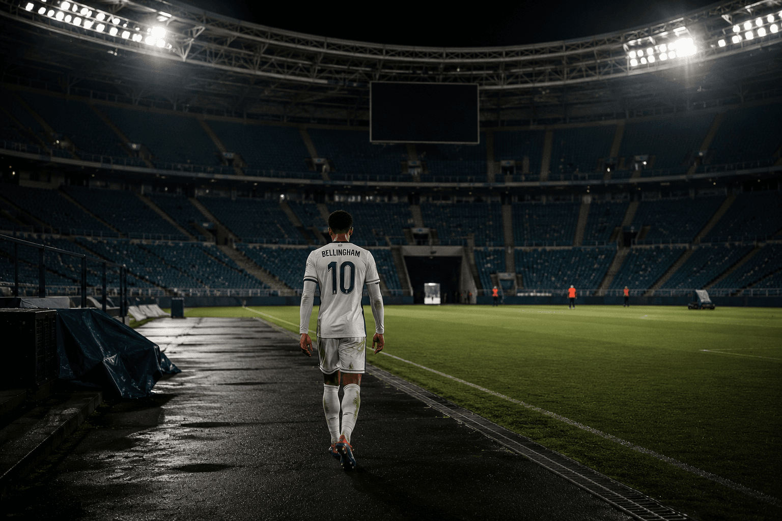 Solitude after responsibility β Bellingham walks alone through an empty stadium, the weight of a nation on his back