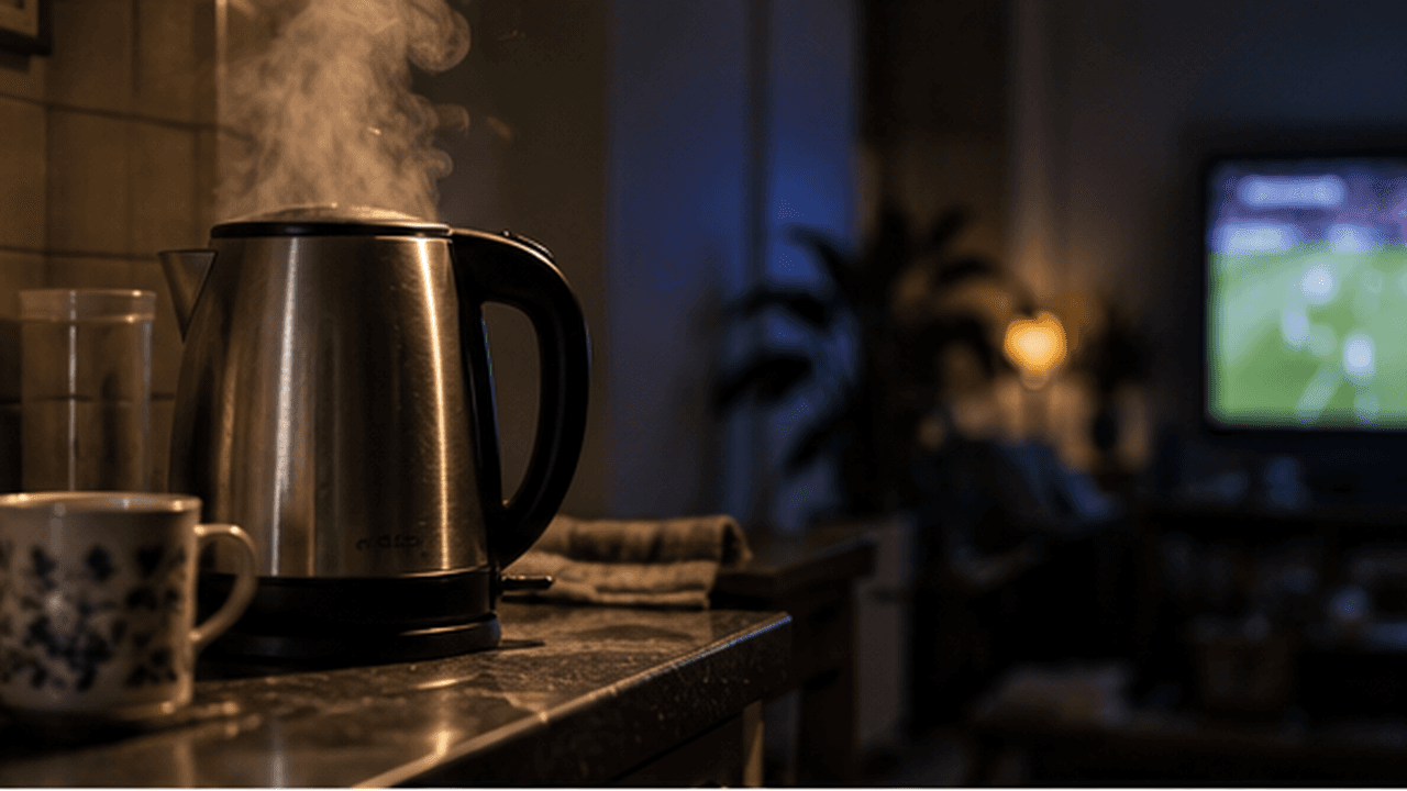 A stainless kettle steams on a kitchen counter in the dark, a match glowing on a television in the next room
