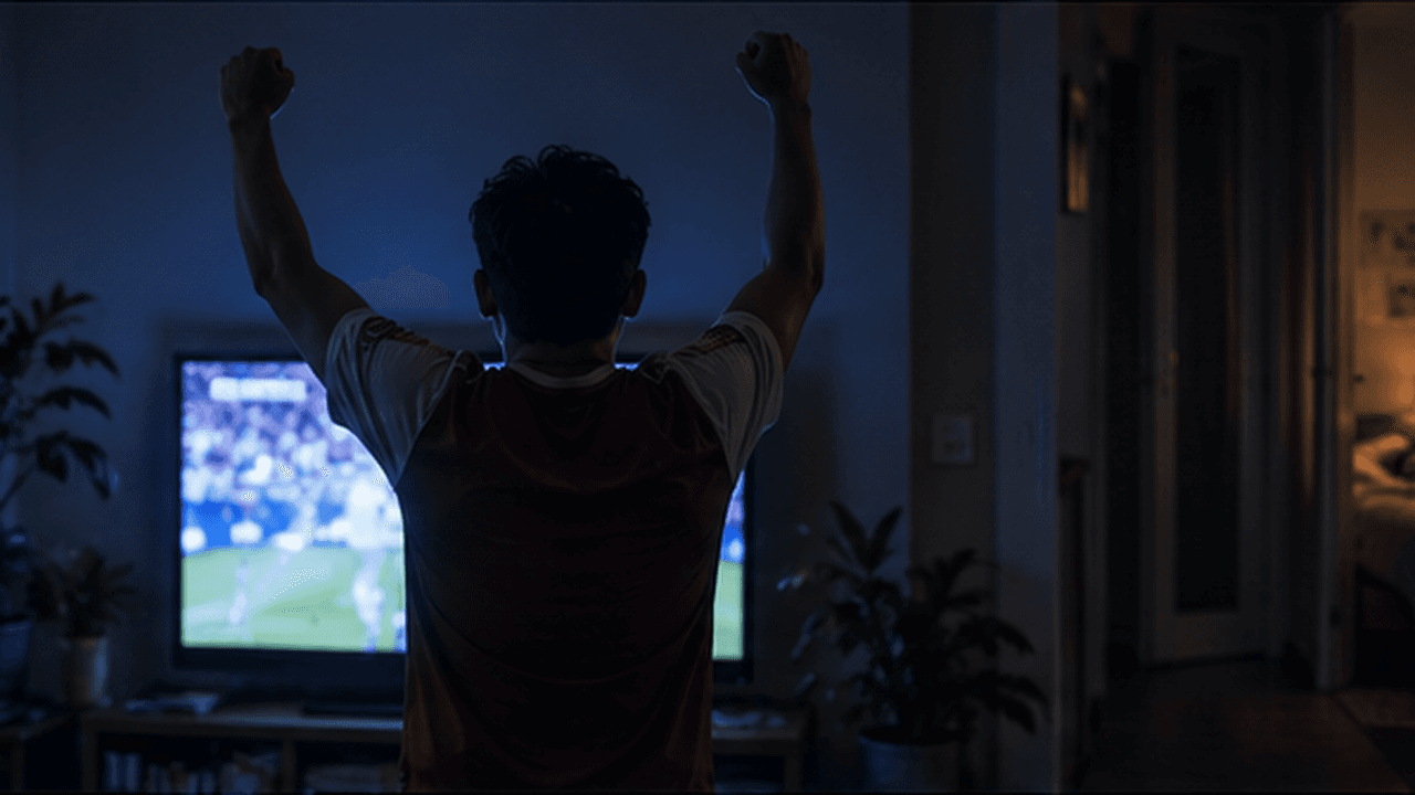 A man seen from behind, both fists raised in silent celebration in front of a glowing television, a corridor and a sleeping house behind him