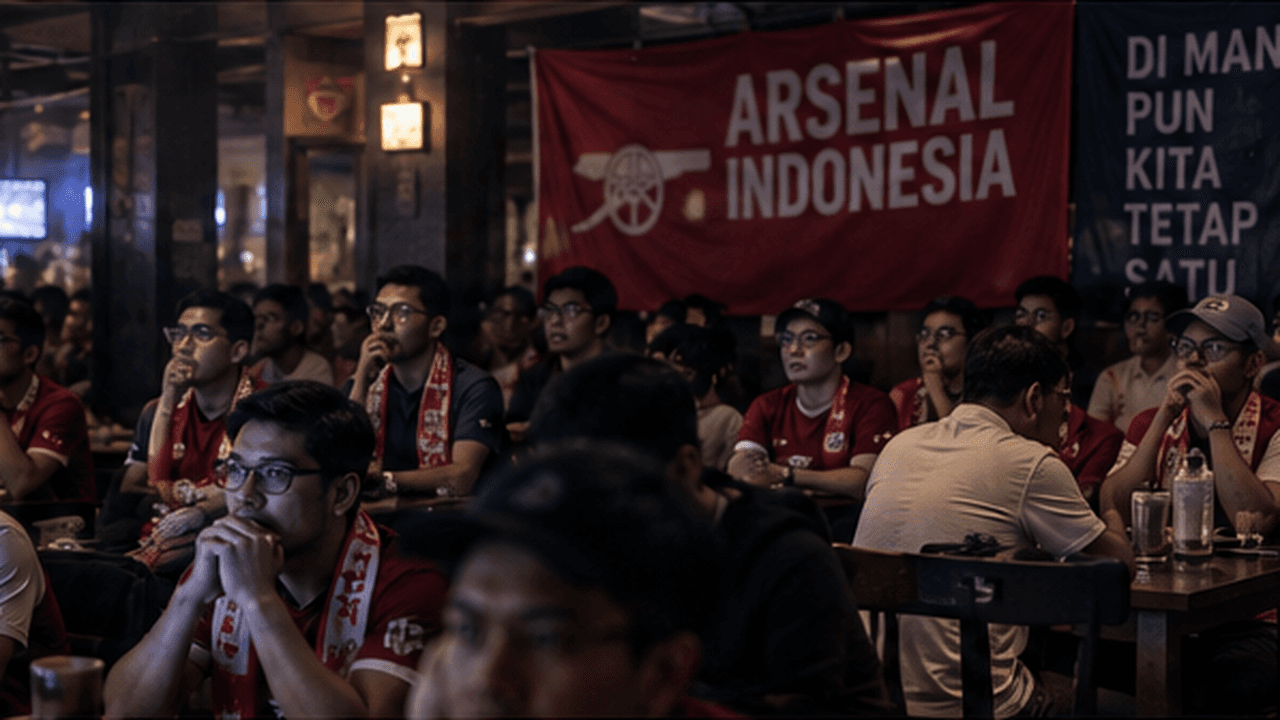 A packed bar full of Arsenal supporters in red shirts and scarves, watching intently, a large "Arsenal Indonesia" banner hanging above them