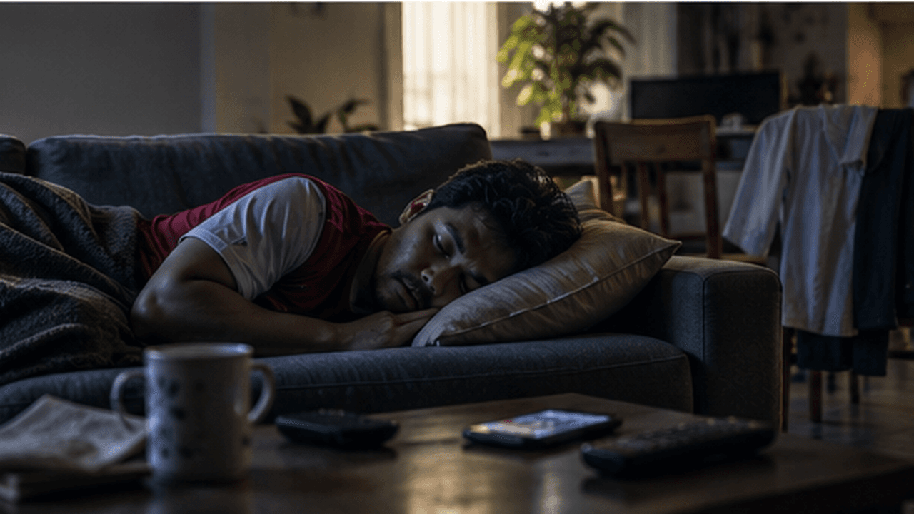 A man asleep on a couch in his kit, the television still on and remotes scattered on the coffee table beside a half-drunk cup