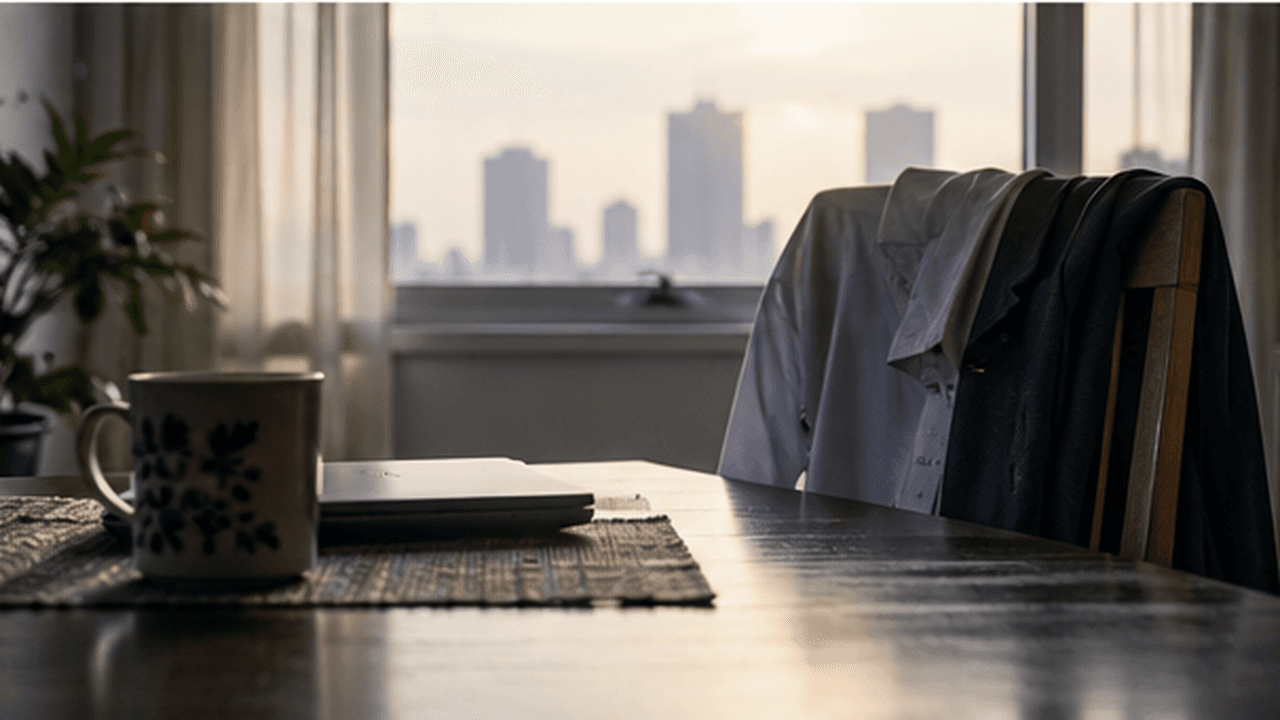 A quiet apartment at dawn: a coffee mug and closed laptop on the table, a city skyline pale through the window, work shirts still hanging over the chair
