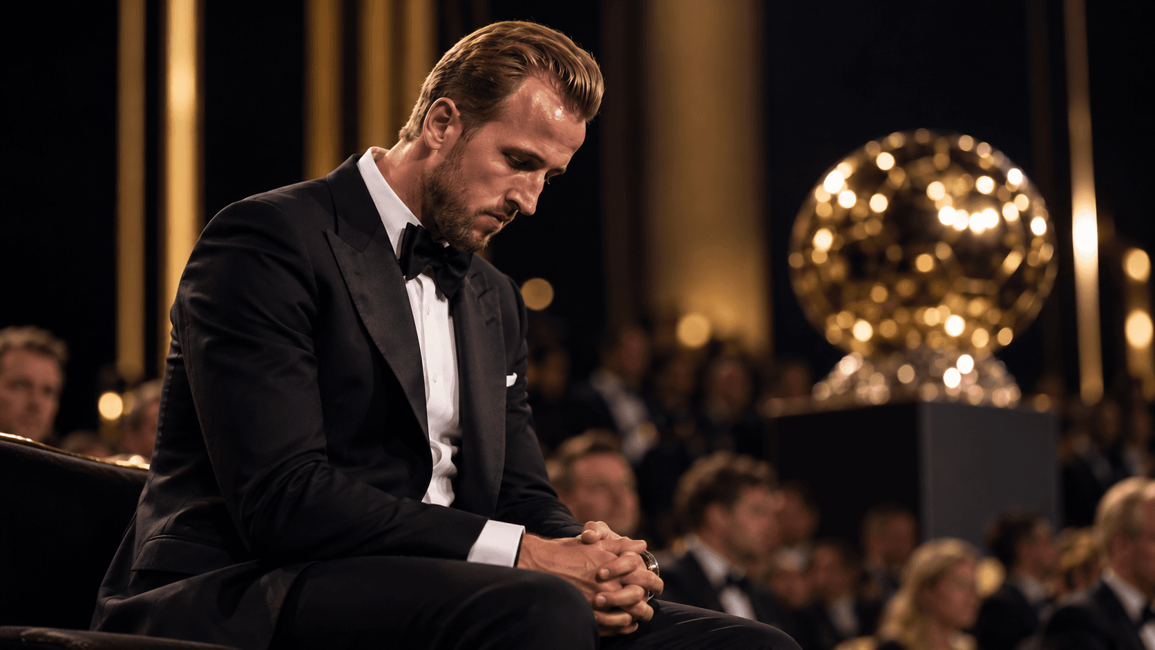 Illustration: Harry Kane in a tuxedo, seated with his head bowed and hands clasped, a golden ball glowing behind him