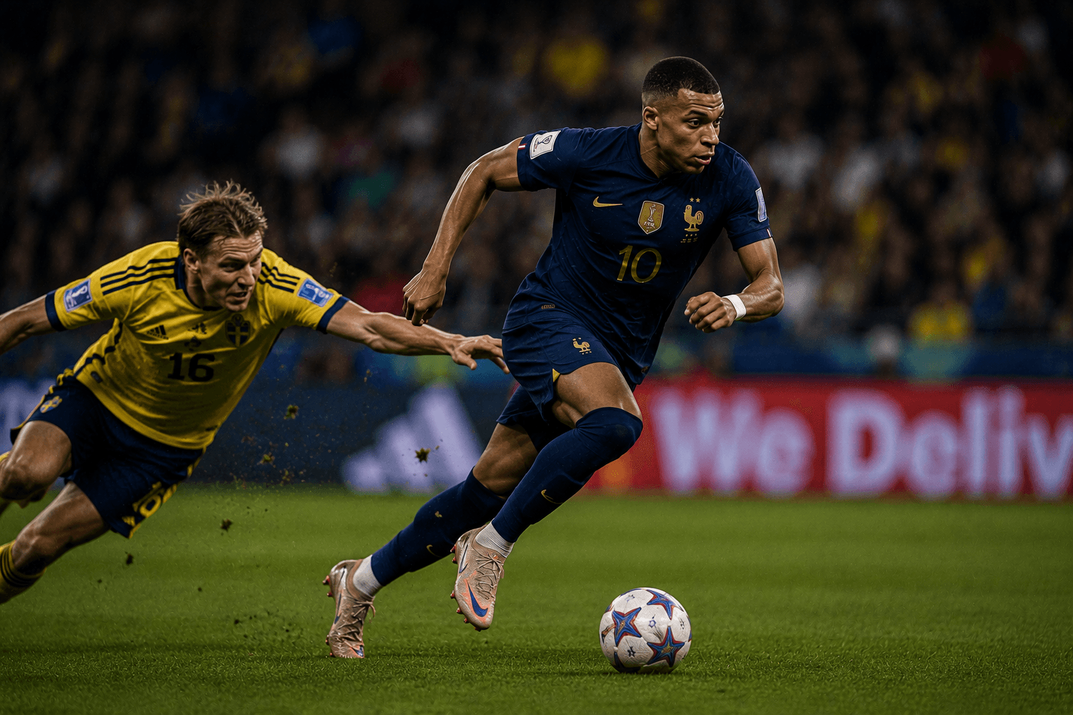 Mbappé bursts past a Swedish defender — the crossover step, the acceleration, the yard that is already gone