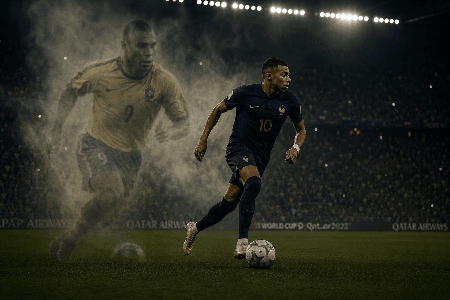 The same animal — Mbappé drives forward as the ghost of Ronaldo Nazário runs alongside him, two decades apart