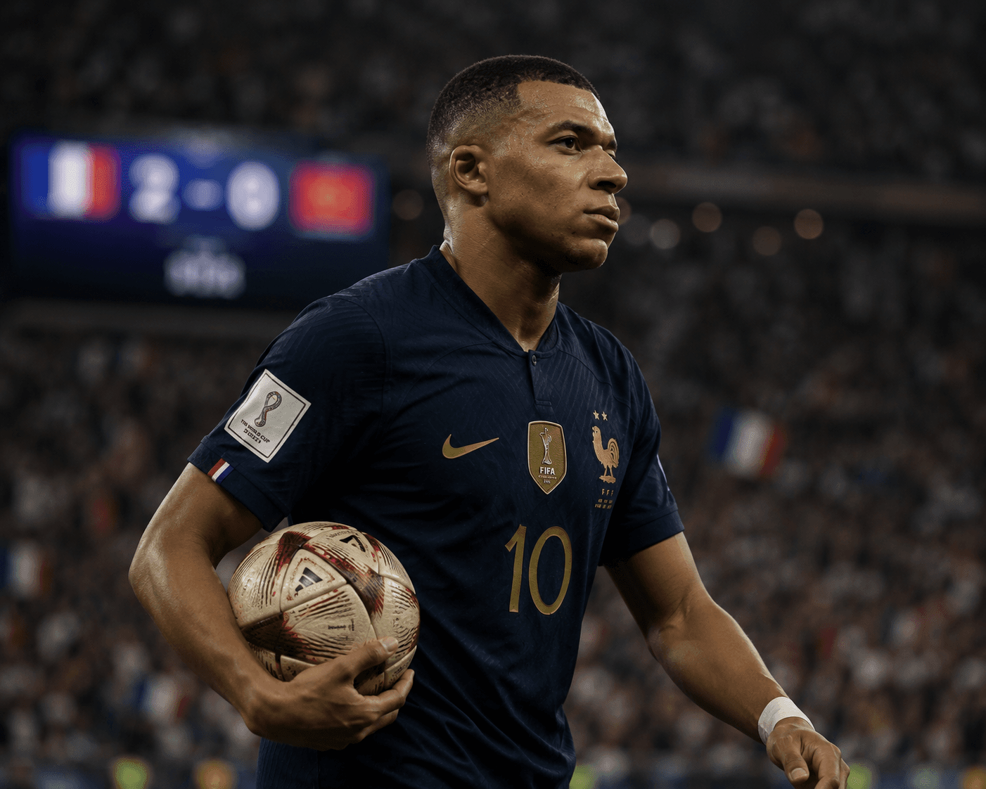 Mbappé holds the match ball — France's all-time leading scorer, walking through the game's oldest records