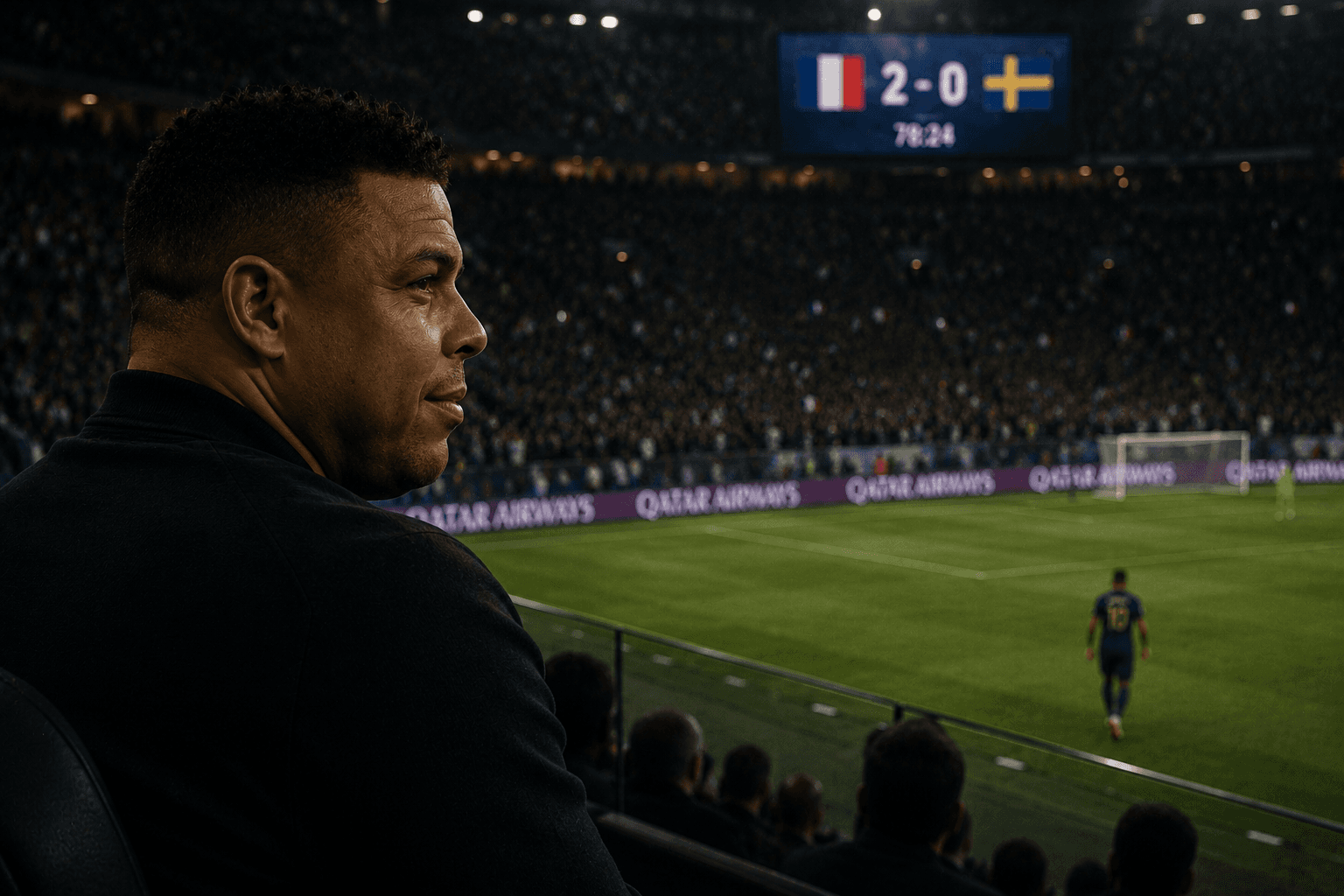 The Phenomenon watches from the stands — Ronaldo Nazário looks on as Mbappé breaks his records, France 2–0 Sweden on the board