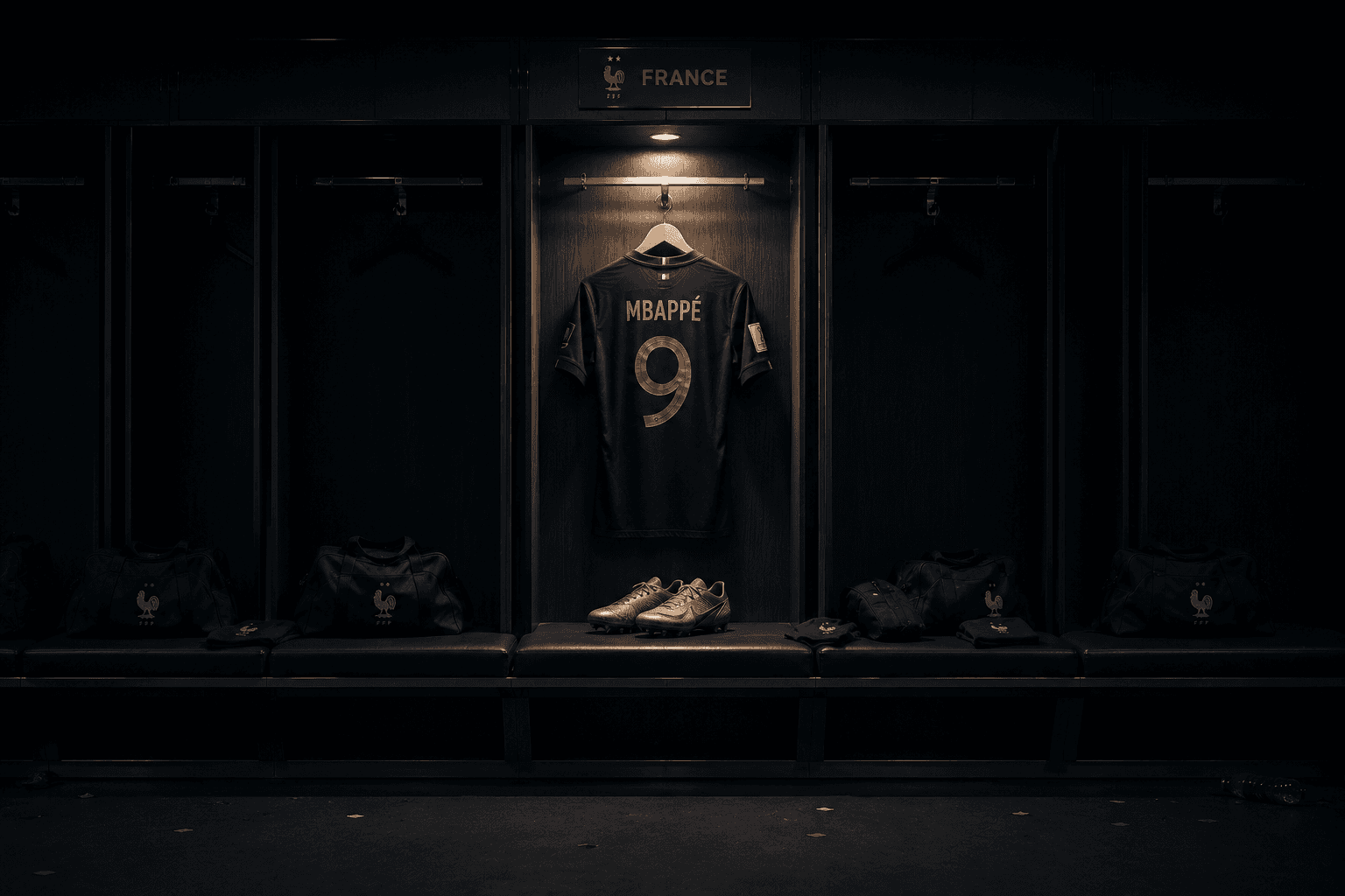 The number nine — Mbappé's shirt hangs in the France dressing room, gold boots beneath it, the weight of the position