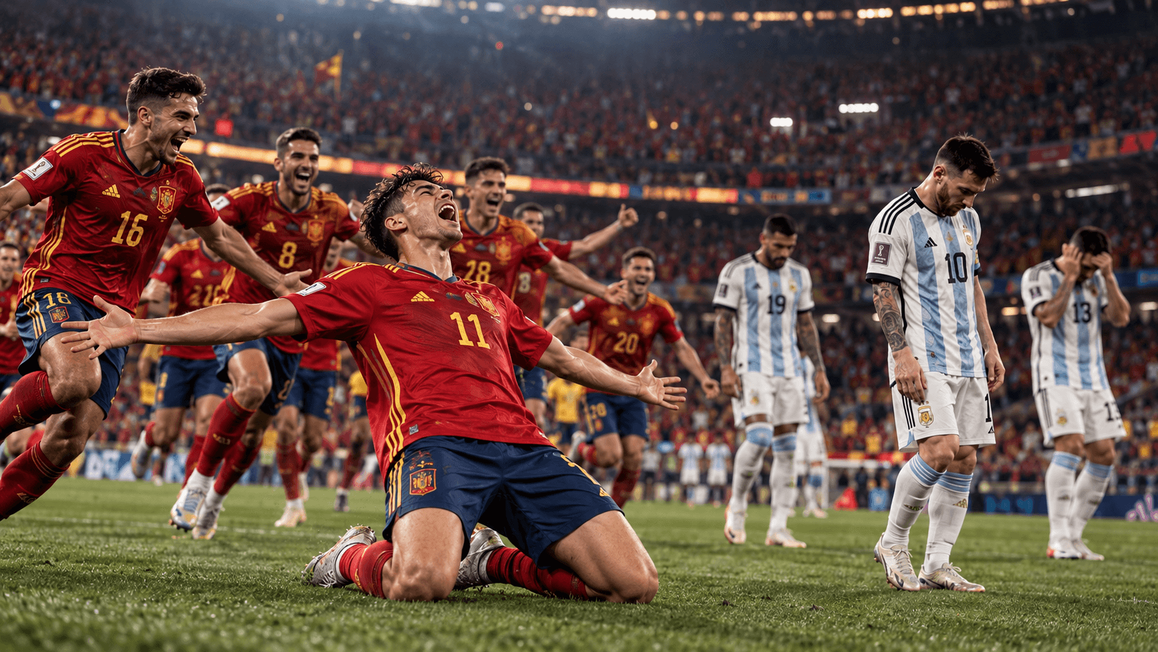 Spain's number 11 drops to his knees in celebration as his teammates run to him, while Lionel Messi and Argentina's players stand with their heads bowed