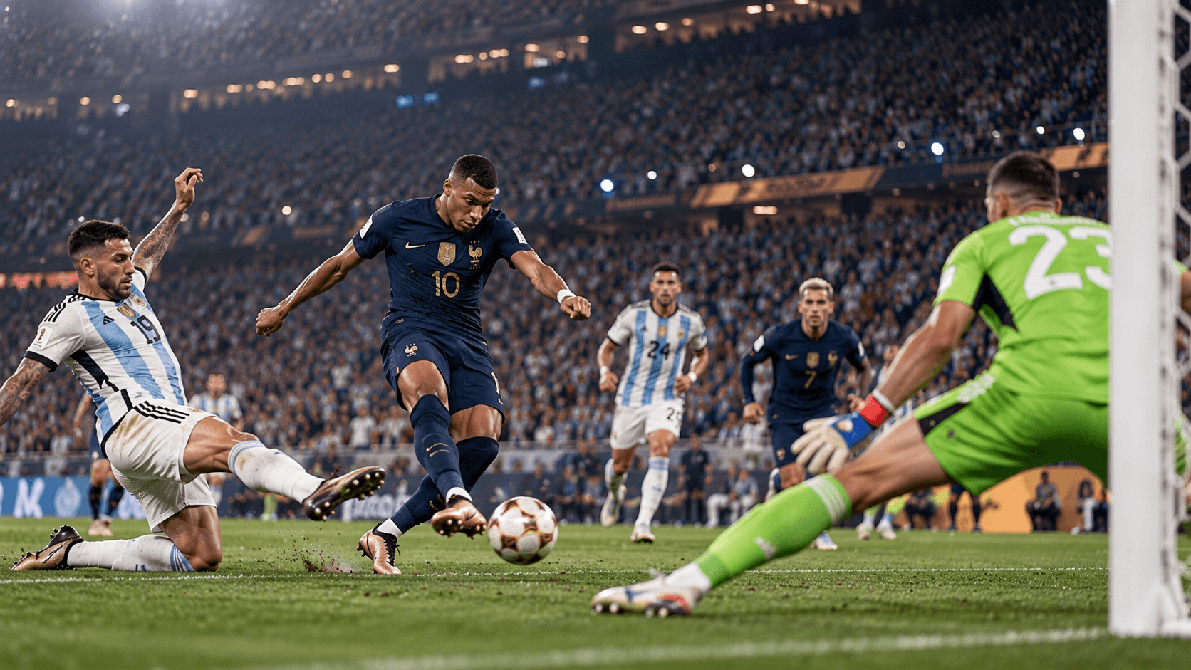 The 2022 World Cup final in Lusail: Kylian Mbappé shoots for France as an Argentina defender slides in and Emiliano Martínez comes off his line