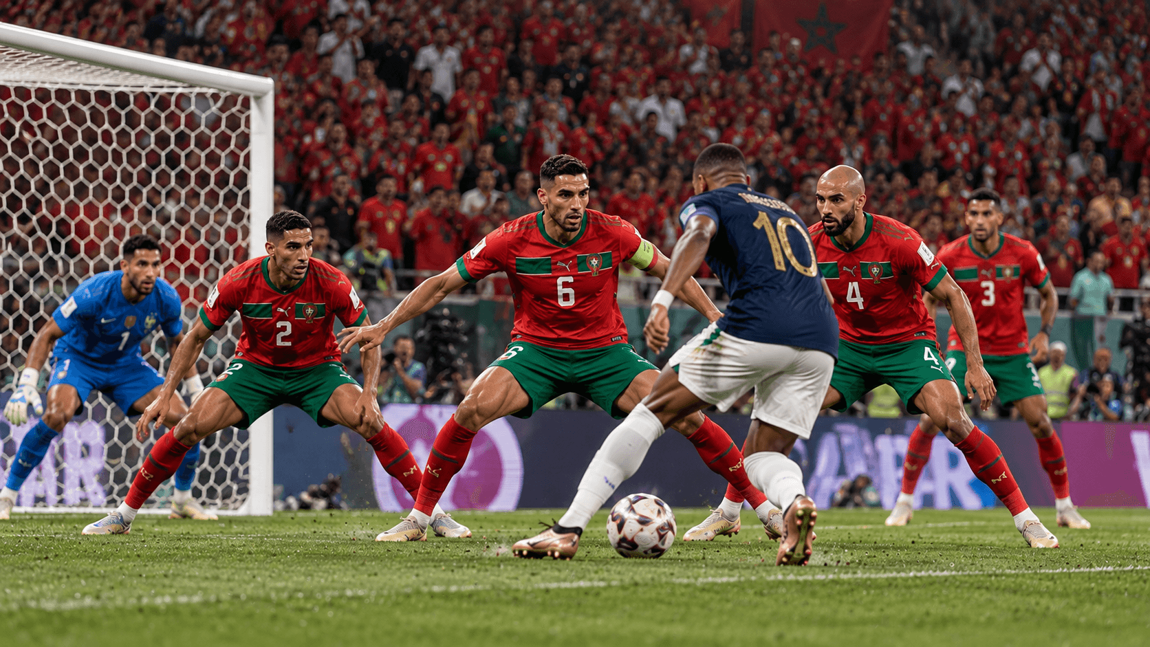 Morocco's defenders hold their line in the penalty area as France's number 10 runs at them, the goalkeeper set behind