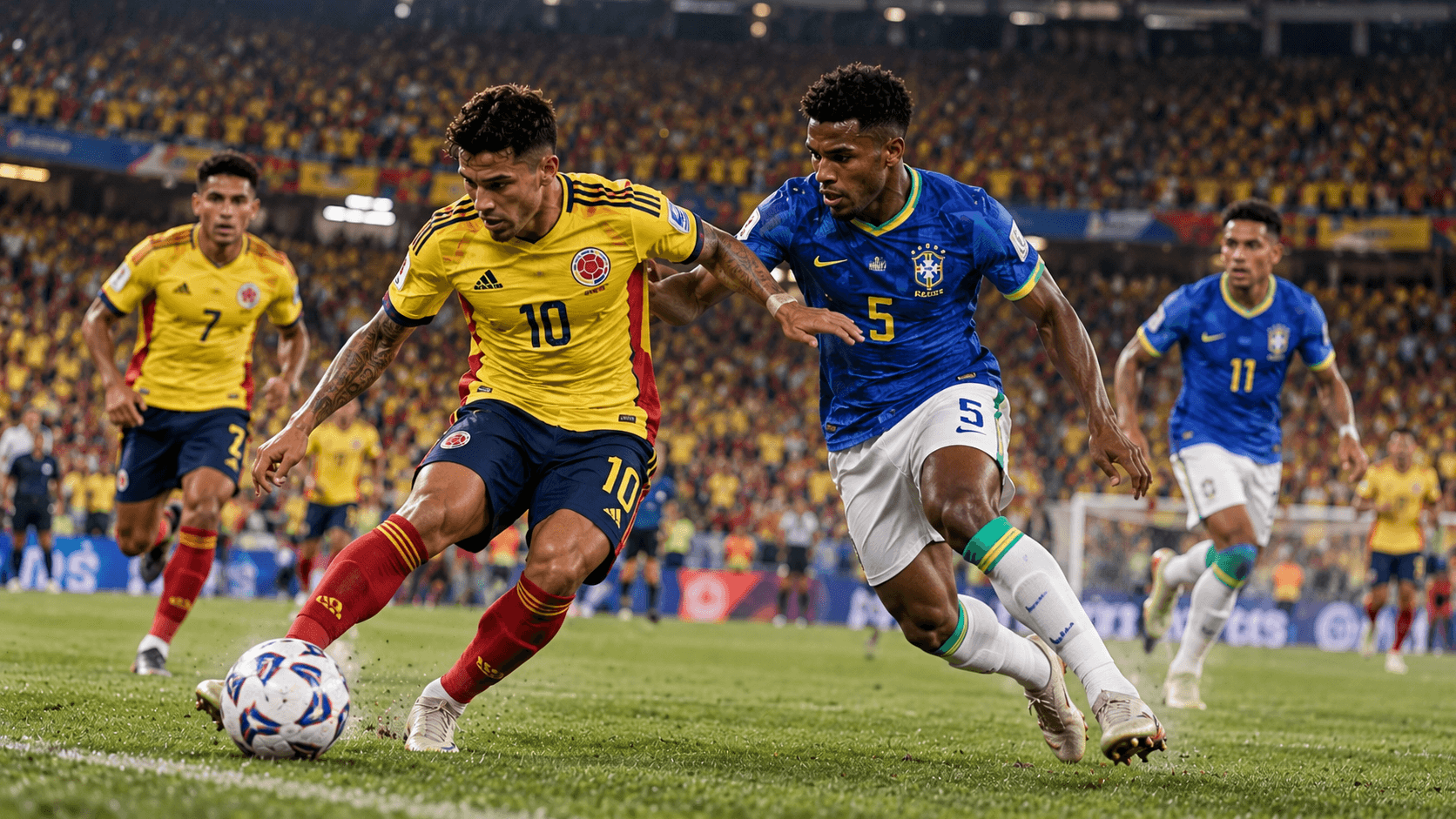 Colombia's number 10, in yellow, shields the ball from Brazil's number 5, in blue