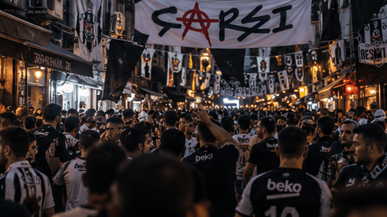 A packed alley in the Beşiktaş çarşı beneath a huge ÇARŞI banner, black-and-white flags and scarves strung overhead, the crowd in Beşiktaş colors
