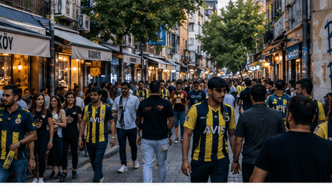 A crowded pedestrian street in Kadıköy at evening, fans in Fenerbahçe yellow-and-navy shirts walking among the shops and cafés