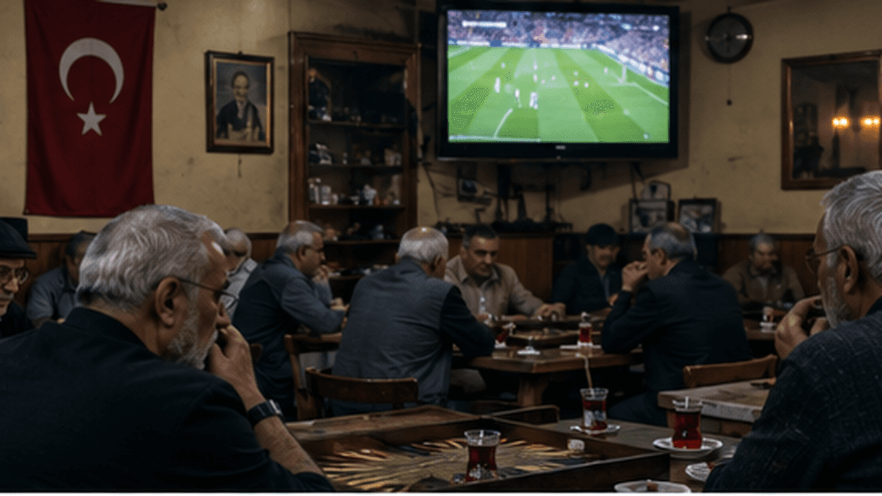 Older men in a Turkish tea house play backgammon at wooden tables, tulip glasses of çay in front of them, a match playing on a television mounted high on the wall