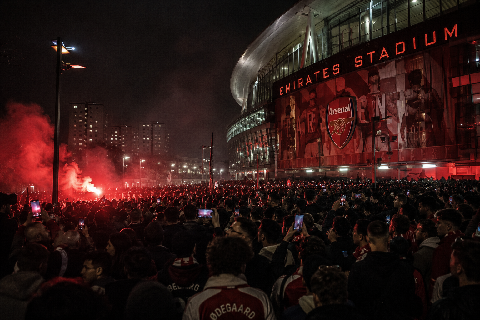 The Emirates at night — tens of thousands gathered outside a stadium where nothing was happening, because the title belongs to the place