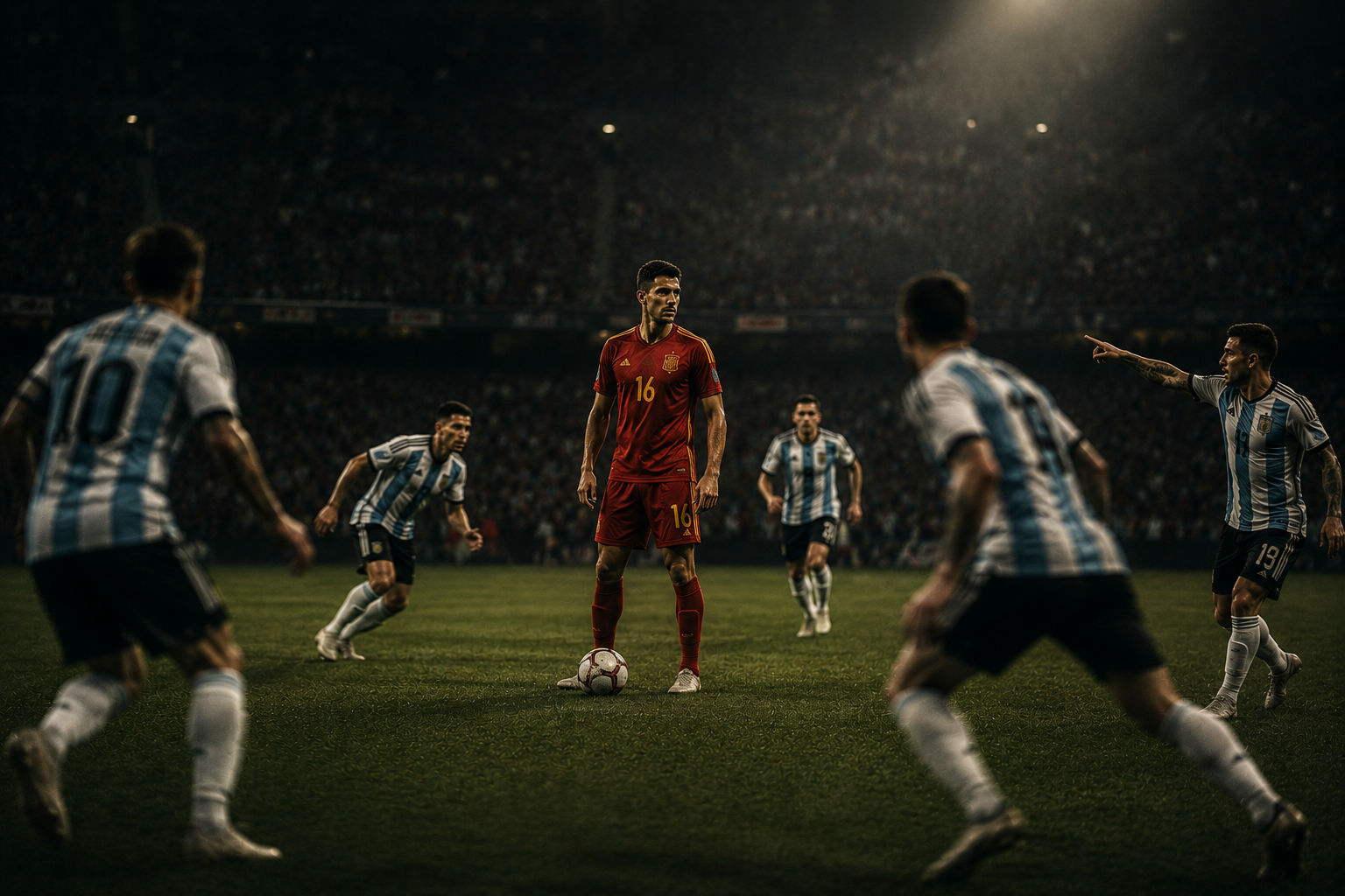 Rodri on the ball, surrounded by Argentina shirts — the lone red figure controlling the space that decides the match