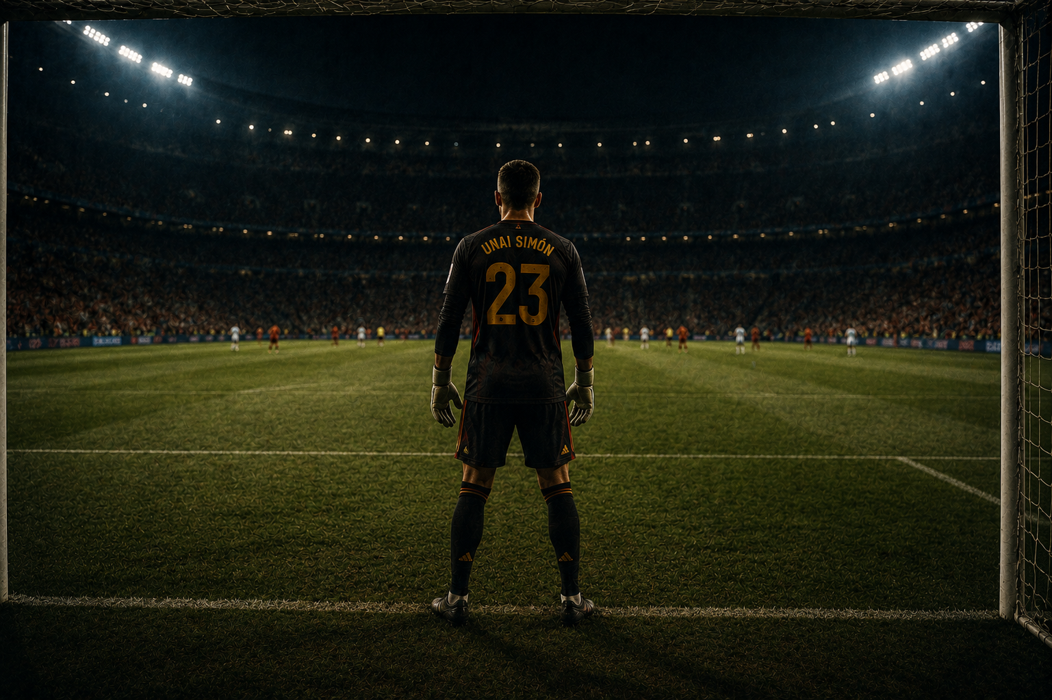 Unai Simón from behind, framed by the goalposts — number 23, the Golden Glove, surveying a pitch he barely had to defend